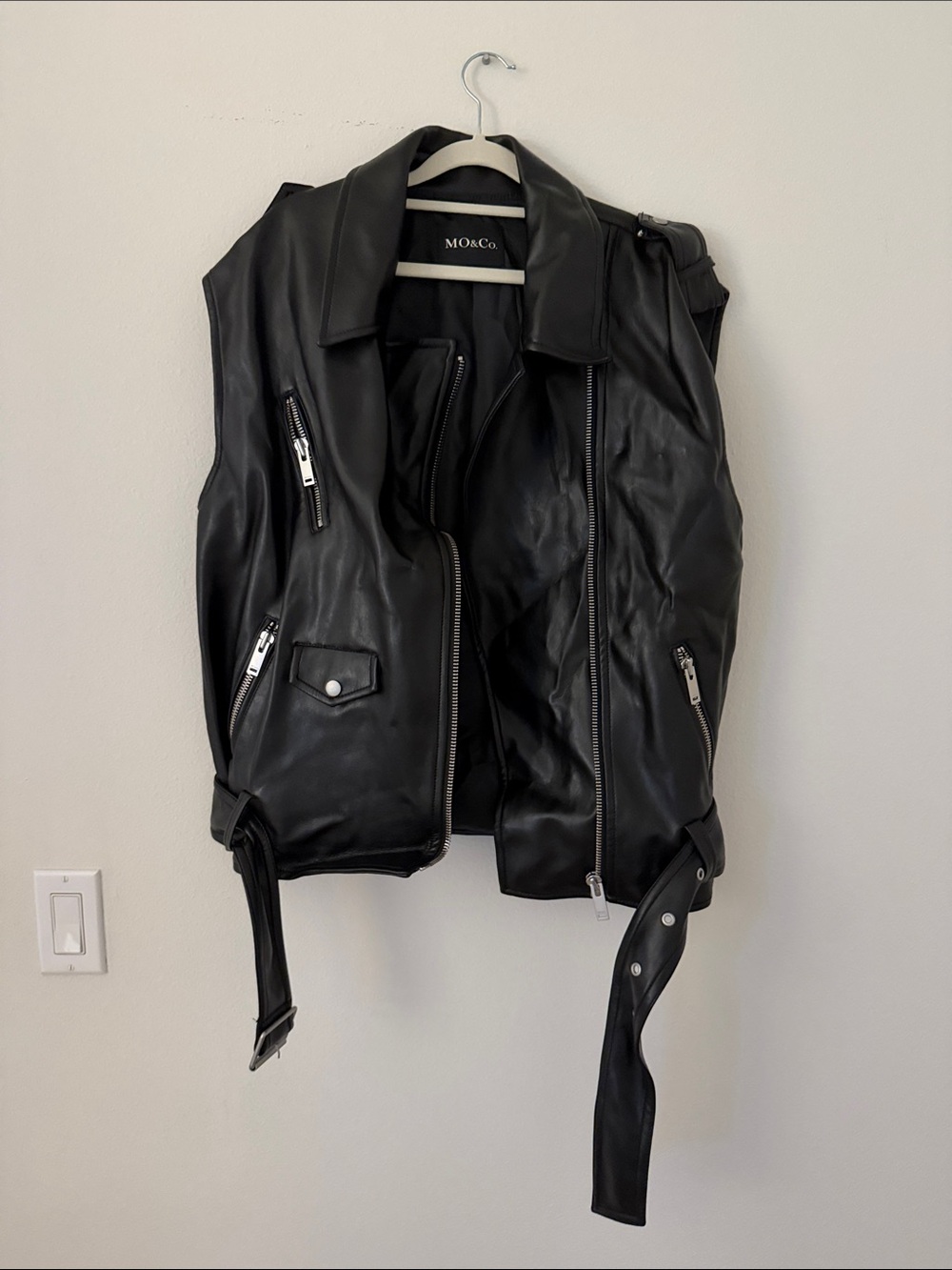 Mo & Co Black Leather Biker Vest with Zipper Details
